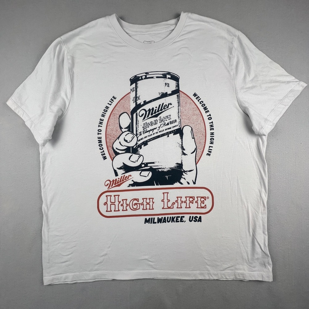 Miller High Life Graphic T-Shirt Mens XXL White Beer Can Vintage Style Tee